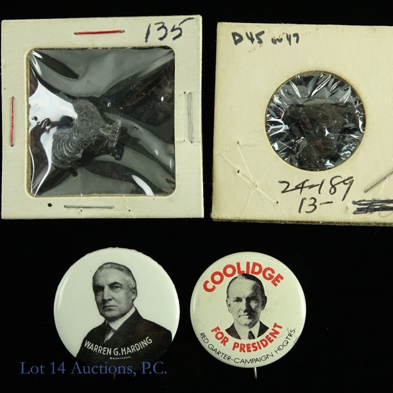 W Harding, C Coolidge, J Cox Political Items (4): Four (4) political items as follows: ---Warren G. Harding black and white portrait pin in very good condition (1); ---vintage James M. Cox rooster lapel button stud political campaign pin - I will cro