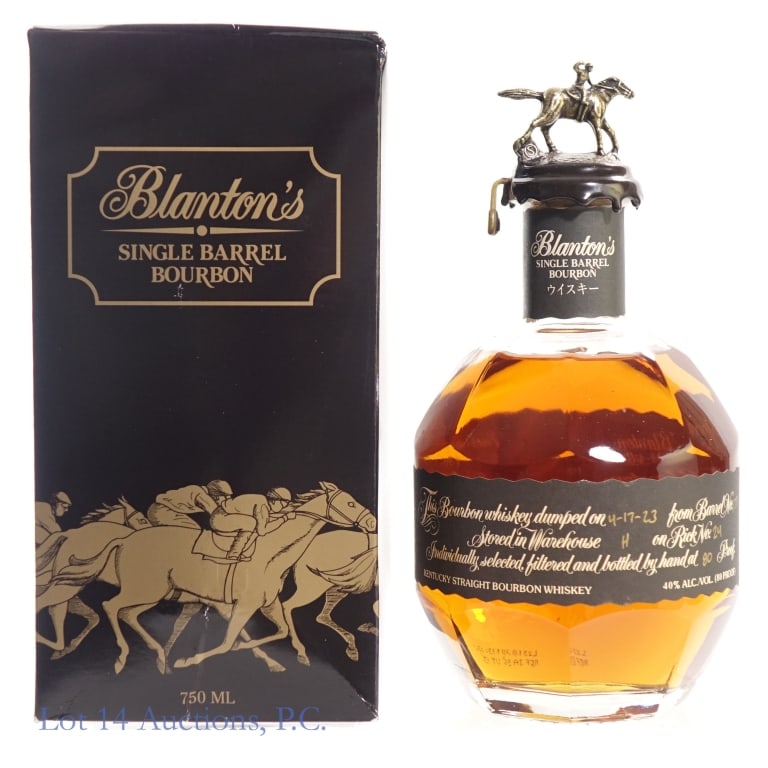 Blanton's Black Label Single Barrel Bourbon "S"**: Blanton's Black Label Single Barrel Bourbon, 80 Proof, 750 ml, Letter S, Dump Date: 04-17-23, Barrel #177, Bottle #254.**Slight low fill, wax seal scuffed with small hairline crack but sealed overall,