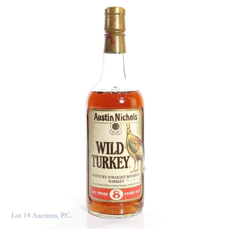1994 Wild Turkey 8 Year Bourbon (Japanese Export): Wild Turkey 8 Year Austin Nichols Bourbon, 101 Proof, 750 ml, Japanese Export, Bottled: 09-13-94, "94" glass molding. Fill at shoulder level.
