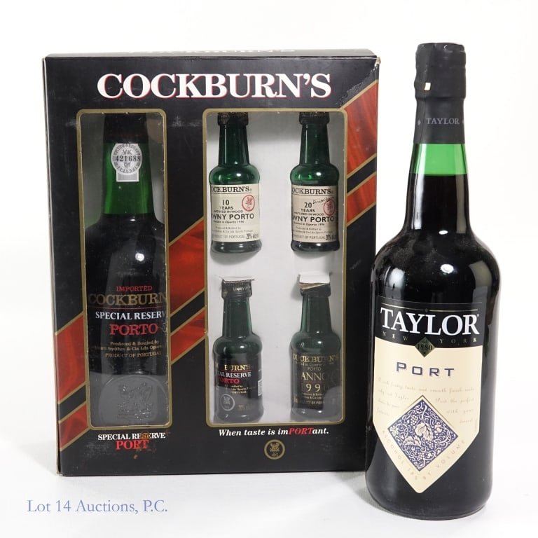 Taylor Port & Cockburn's SR Port Gift Set (2): 2 bottles and 4 mini bottles total in this lot. 1-Taylor New York Port, 18% ABV, 750 ml. 2-Cockburn's Special Reserve Porto, 20% ABV, 750 ml. Gift set contains 4 mini port bottles including: 1-Cockbur