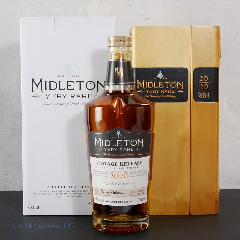 Midleton Very Rare Irish Whiskey (2020): Midleton Very Rare Vintage Release Irish Whiskey (2020), 80 Proof, 750 ml, Individual Serial Number: 4616. Original wooden case and outer cardboard box included.