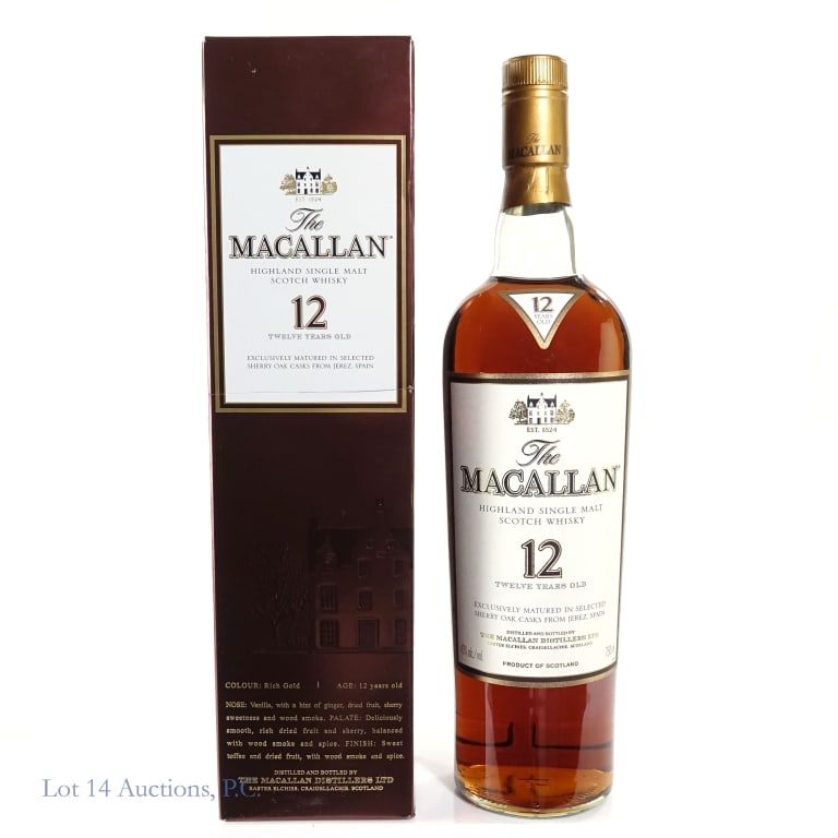 Macallan 12 Year Single Malt Scotch: Macallan 12 Year Single Malt Scotch, 86 Proof, 750 ml. Original box included.