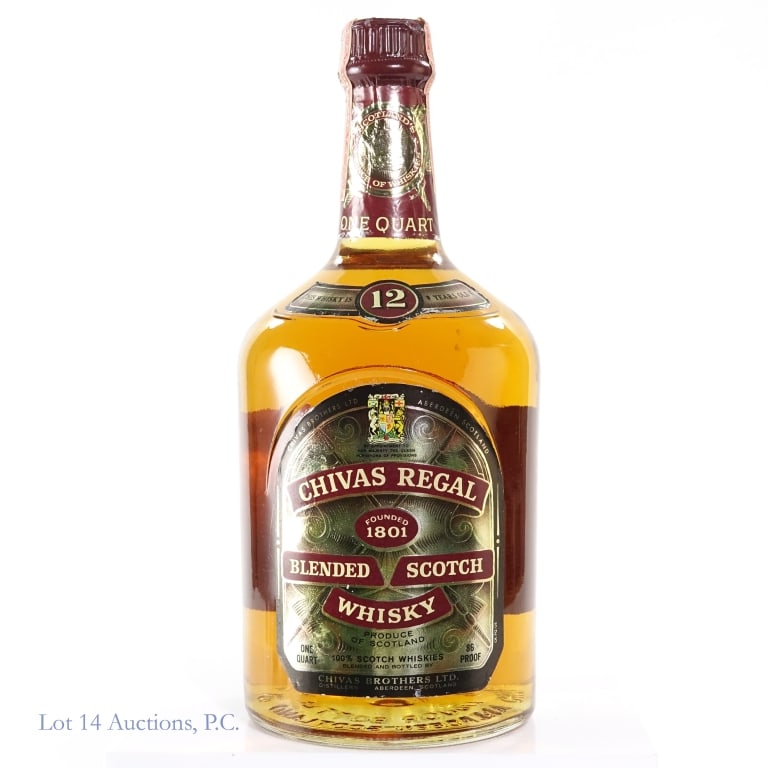 60s/70s Chivas Regal 12 Year Blended Scotch (1 Qt): Chivas Regal 12 Year Blended Scotch, 86 Proof, 1 Quart, early 1960s-late 1970s bottling, small tear in tax strip but overall in fair condition. Slight wear on front label.