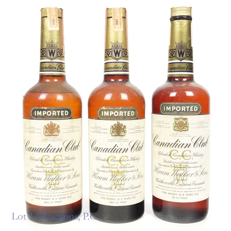 1961, 1965 & 1980 Canadian Club 6 Year Whisky (3): 3 bottles total in this lot. 1-1961 Canadian Club 6 Year Blended Canadian Whisky, 86.8 Proof, 4/5 Quart, Distilled: 1961, 2-1965 Canadian Club 6 Year Blended Canadian Whisky, 86.8 Proof, 4/5 Quart, Di