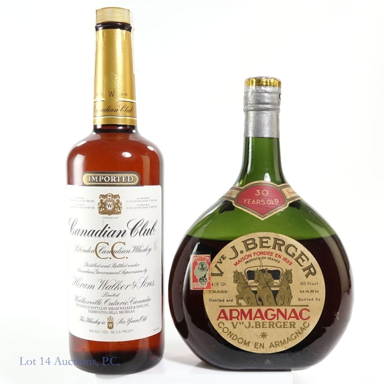 1985 Can Club 6 Yr Whisky & Berger 30 Yr Armagnac: 2 bottles total in this lot. 1-1985 Canadian Club 6 Year Blended Canadian Whisky, 80 Proof, 750 ml, Distilled: 1985. Tax strip slightly stained and peeling in the corner. 2-Vve J. Berger 30 Year Condo