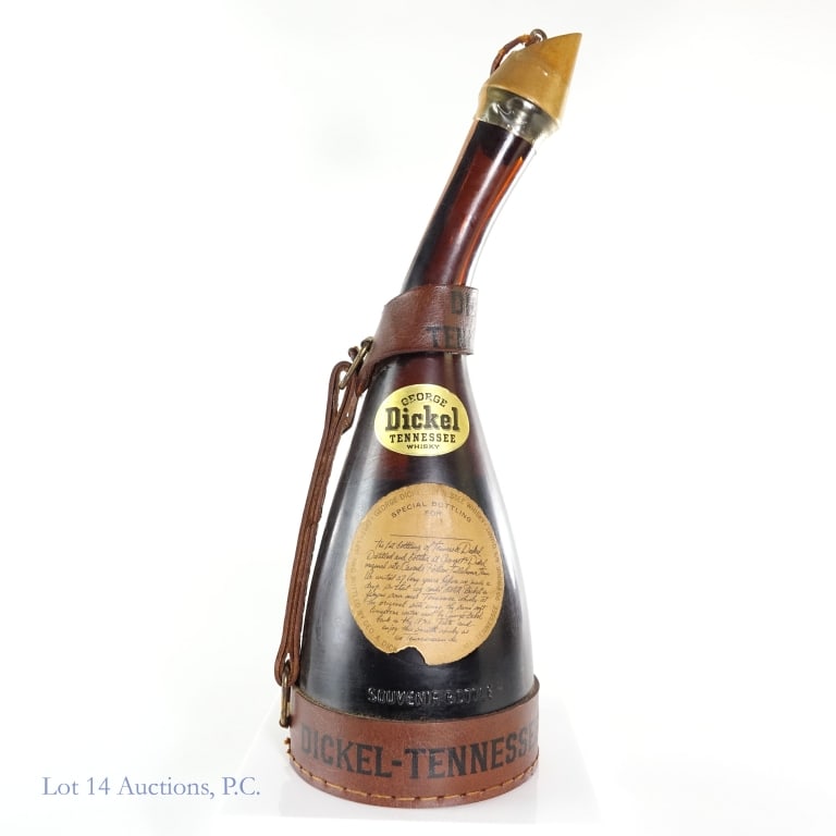 George Dickel Tennessee Whiskey Souvenir Bottle: George Dickel Tennessee Whiskey Souvenir Bottle, 90 Proof, 4/5 Quart, early 1960s-late 1970s bottling**Bottom of tax strip torn through however, the remainder of the tax strip is in good condition wit
