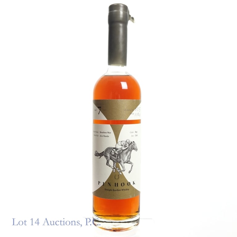 Pinhook 7 Year Vertical Series Bourbon War Bourbon: Pinhook 7 Year Vertical Series Bourbon War Bourbon, 115 Proof, 750 ml, Horse Name: Bourbon War, very light scratch in wax seal outline the indentation of the capsule underneath, likely a factory error