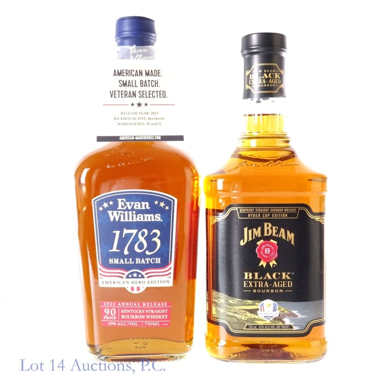 Evan Williams Small Batch & Jim Beam Black Bourbon: 2 bottles total in this lot. 1-Evan Williams 1783 Small Batch Bourbon, 90 Proof, 750 ml, American Hero Edition. 2-Jim Beam Black Extra Aged Bourbon, 86 Proof, 750 ml, Ryder Cup 2020 Edition.