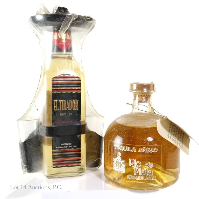 Rio de Plata Anejo & El Tirador Gold Tequila, 2: 2 bottles total in this lot. 1-Rio de Plata Anejo Tequial, 80 Proof, 750 ml. 2-El Tirador Gold Tequila, 80 Proof, 750 ml, two shot glasses included with bottle.