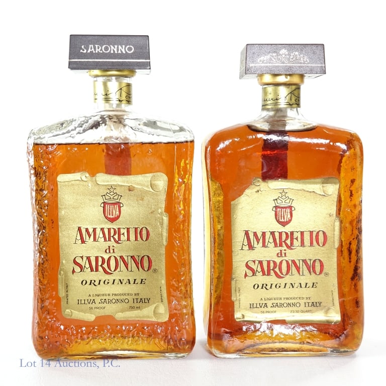 1980s Amaretto di Saronno Originale (2): Two bottles total in this lot. 1-Amaretto di Saronno Originale, 56 Proof, 23/32 Quart, estimated to have been bottled in this 1980s, Paper seal torn but intact overall. 2-Amaretto di Saronno Originale