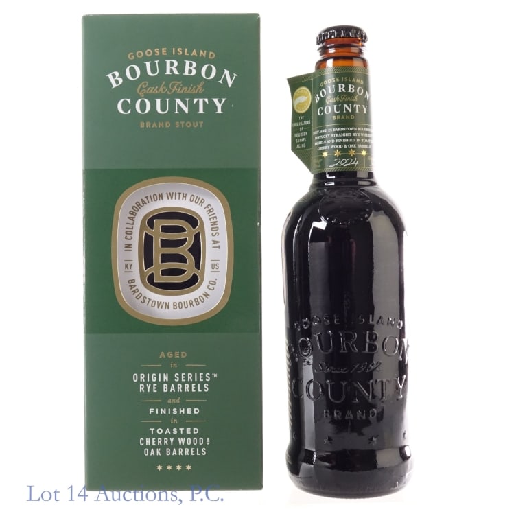 Goose Island Cask Finish Bourbon County Stout 2024: Goose Island Cask Finish Bourbon County Stout (2024), 16% ABV, 1 Pint, .9 Ounces, collaboration with Bardstown Bourbon Company. Aged: Up to 5 Years in origin series rye barrels, finished in toasted ch