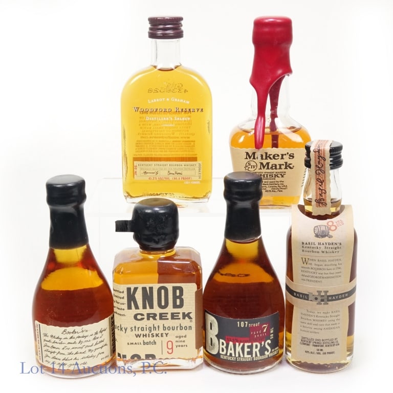 Beam Distillery & More Minis (6): 6 mini bottles total in this lot. 1-Booker's Small Batch Bourbon Mini, 124.7 Proof, 50 ml, Aged: 6-8 Years. 2-Baysil Hayden 8 Year Bourbon Mini, 80 Proof, 50 ml. 3-Baker's 7 Year Bourbon Mini, 107 Pro