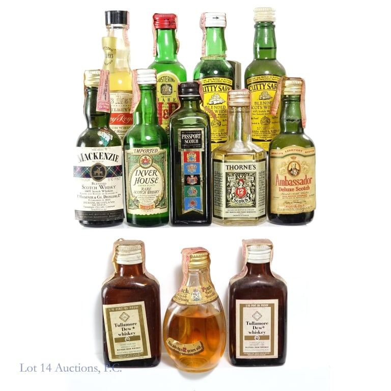 Thorne's, Ambassador & More Scotch/Irish Minis, 12: 12 mini bottles in this lot. 1-Early 1940s-1960 Thorne's 12 Year Scotch Mini, 86.8 Proof, 1/10 Pint. 2-Early 1940s-1960 Ambassador Deluxe Scotch Mini, 86 Proof, 1/10 Pint, front label peeling along wi