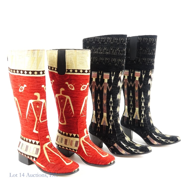 Women's High Length Fabric Boots (Sz 37 & 38) (2): 2 pairs of women's boots including: 1-Red, cream, and black colored fabric, mid-high length, with indigenous inspired designs, size 37 (US 6.5), made in Italy. 2-Black, cream and lavender colored fabr
