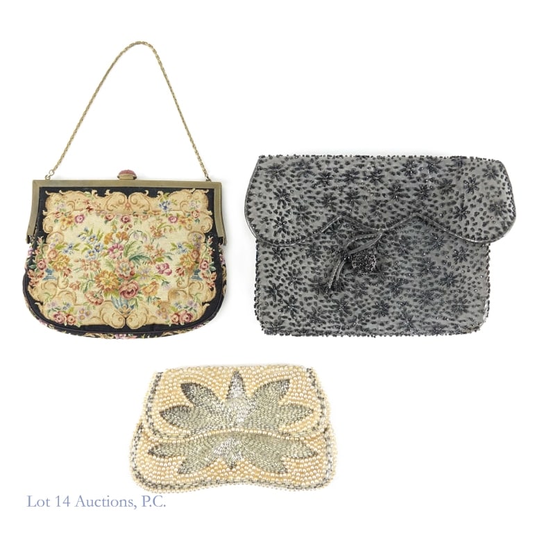 Vintage Beaded / Metal Purses, 1 - Austria (3): Three vintage purses. Two have bead decorations - one is grey 8" x 6.5", and the other whitish and metal approximately 6.5" x 4"). No identifying marks, and some staining inside. The non-beaded purse
