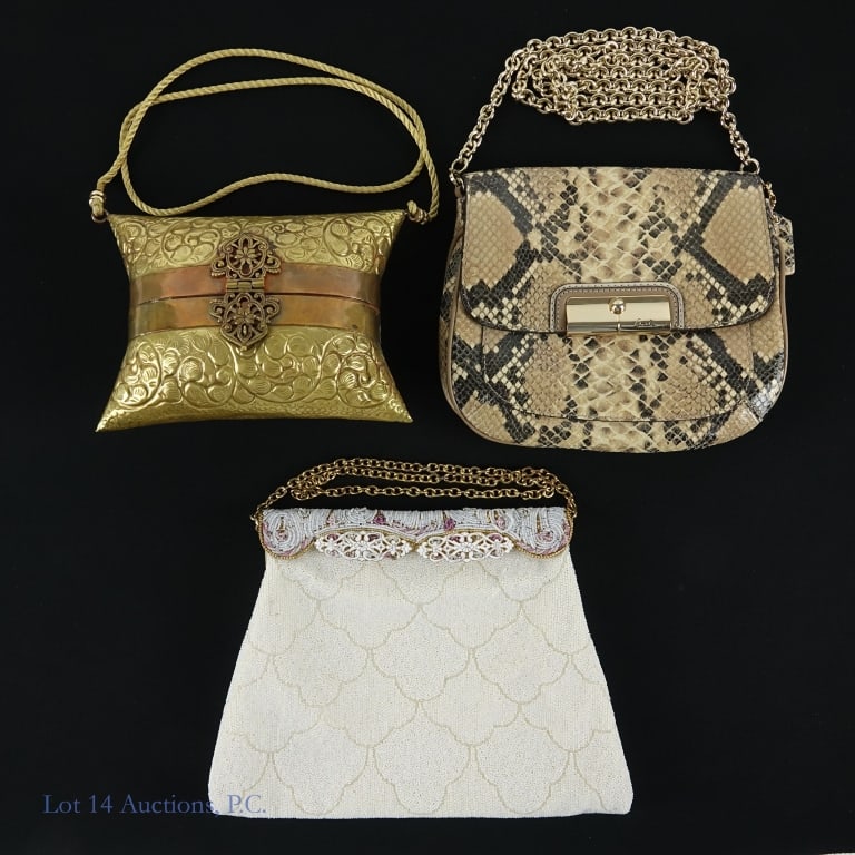 Microbead, Coach, Metal Purses: Three purses: White microbead purse. Approximately 9.5" x 7" (closed). Some staining in interior. No makers mark. ***** Coach purse. Alligator or snake skin. Approximately 8" x 6.5" (closed). ***** Vi