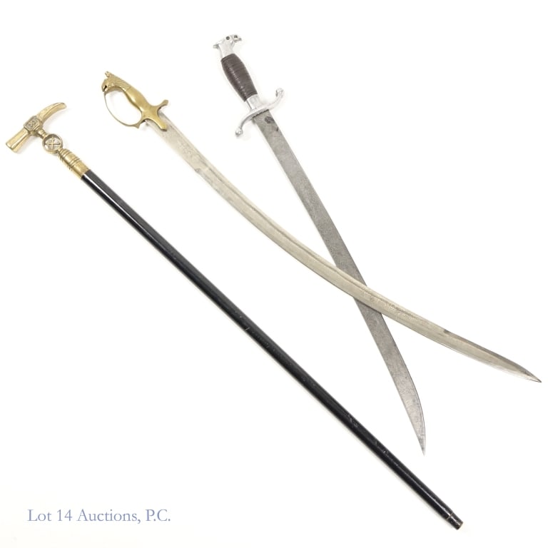 Miner's Guild Cane Sword, Other Swords (3): Miner's Guild Cane Sword, Other Swords (3). Miners' Guild sword/cane, brass handle, wooden shaft, blade marked "Taiwan", total length 37", blade tip broken, surface rust, wear and tear consistent with