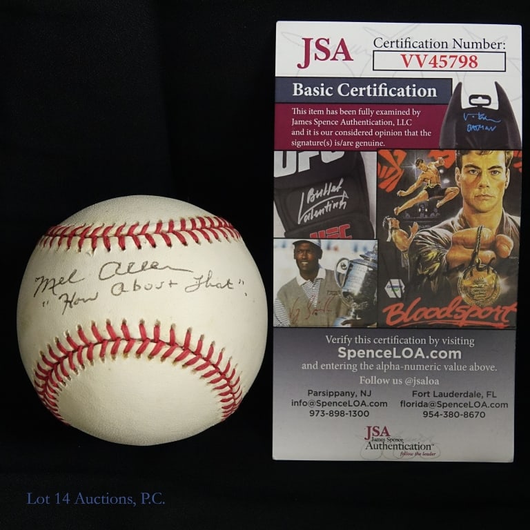 Mel Allen How About That Signed Baseball JSA COA: Official American League (Brown) baseball signed across the sweet spot by Yankees broadcasting legend Mel Allen. Allen also added the highly desired inscription "How About That" to his signature. The 