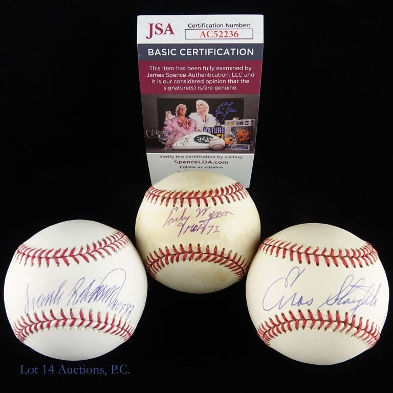 3 Signed Baseballs Slaughter Wynn Robinson: Three baseballs signed by HOF members. Frank Robinson "HOF 82" signed Official Major League (Selig) baseball with an MLB hologram***Enos Slaughter "HOF 7-28-85" signed Official American League (Brown)