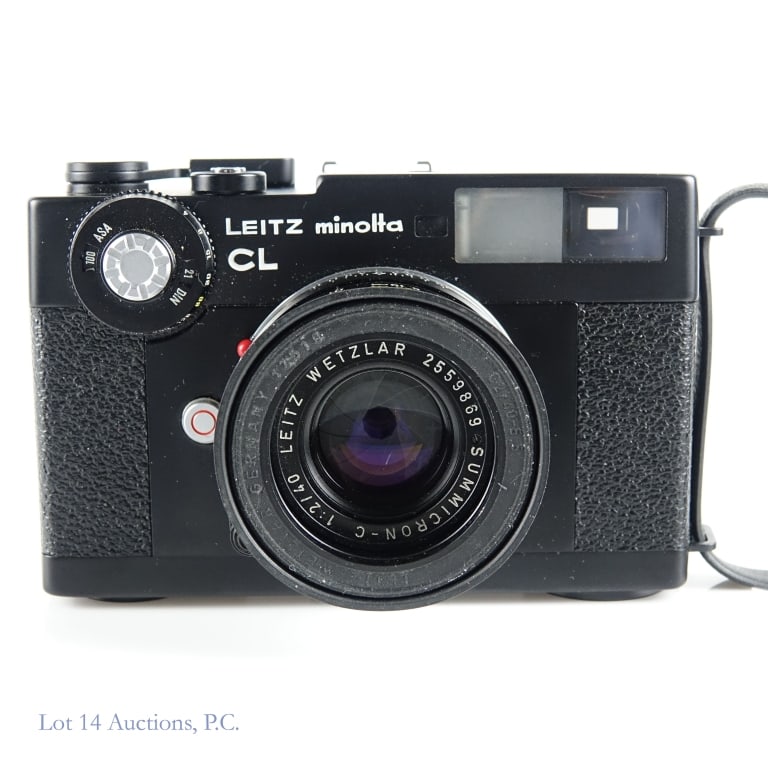 Leica Leitz Minolta w/ 40mm Summicron Lens: Leica Leitz Minolta w/ 40mm Summicron Lens. Leitz Minolta CL camera with Summicron-C lens and case. Camera serial #103503. Summicron-C, 1:2 / 40, Leitz Wetzlar #2559869. Not tested in house. See photo