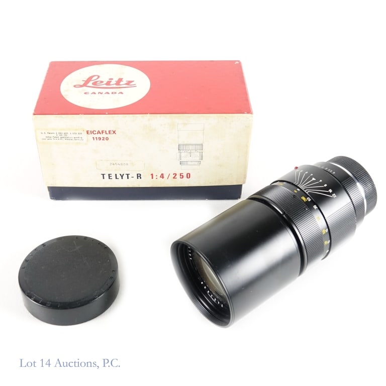Leicaflex 11920 Telyt-R 1:4 / 250mm Lens: Leicaflex 11920 Telyt-R 1:4 / 250mm Lens. A Telyt-R. 1:4, 250mm, Leitz Canada lens with mount and built in sunshade in original box. Serial #2494808. Lens well maintained with minimal to no wear. Some