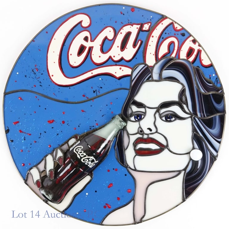 Coca-Cola Stained Glass After Christian Berger: Round stained glass artwork based on an original painting "Drink Coca-Cola" after original art by Christian Berger (Austria). approximately 16" diameter.