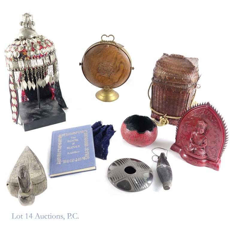 Religious and Traditional Artifacts: Religious and Traditional Artifacts. Group of religious and traditional artifacts from across the globe. Items included: Headdress from Iran; 1940's Buddhist Prayer Alter; Hindu Offering Bowl; Beetle