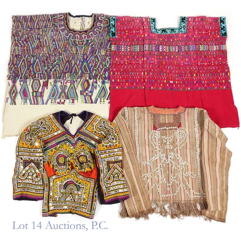 Huipil, Gujarati Choli and More Tribal Blouses (4): 4 beautiful vintage clothing tops from various regions of the world including 1-Guatemalen Huipil, red cloth with colorful embroidery in good condition with only minor tears/loose threads. Sleeve is a