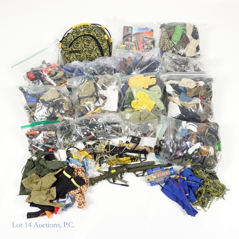 G.I. Joe Accessories for Large Figures (+100): G.I. Joe Accessories for Large Figures (+100). Large collection of cute outfits, swords, guns, helmets and other freedom defending ephemera for large scale G.I. Joe and similar sized action figures. W