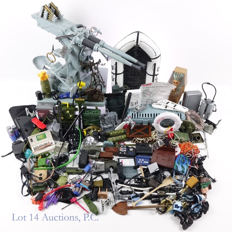 G.I. Joe Accessories (7+ lbs): Some accessories include: A 1996 G.I. Joe model of a twin - barrel Bofors 40mm anti - aircraft gun. A 1/6 scale model of a Zodiac Navy Seal raft boat. A weapon crate which includes daggers, nun chucks