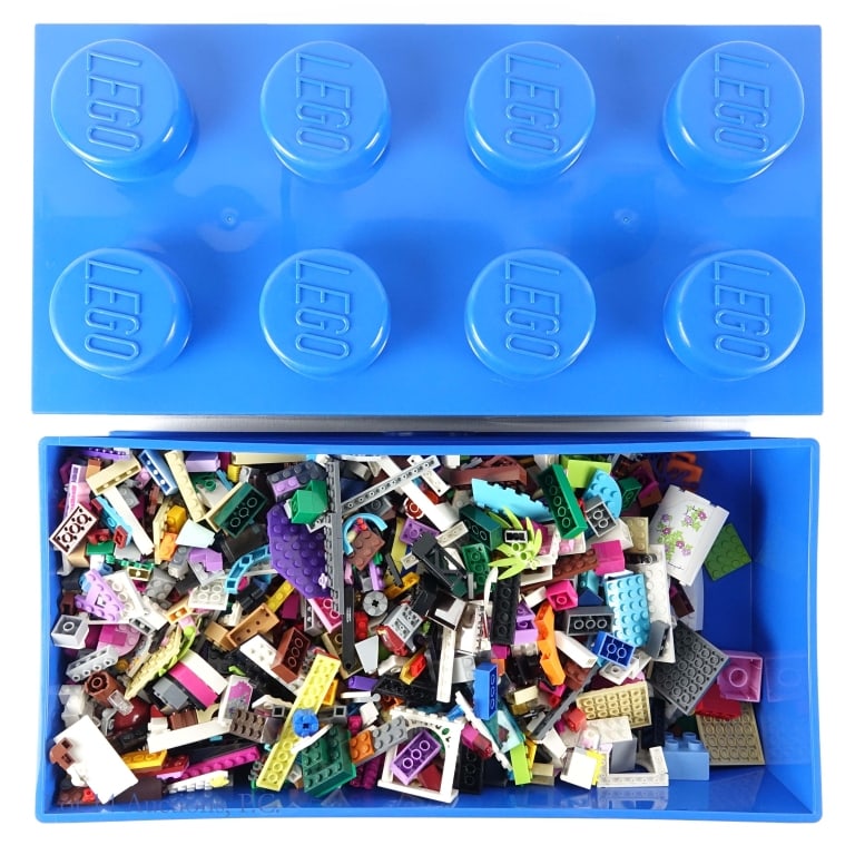 Copenhagen LEGO Container (W/ Lego Blocks): Collection of LEGO building pieces contained in a blue Room Copenhagen container. Total weight of this lot: 9.3 pounds (4.2 kg).
