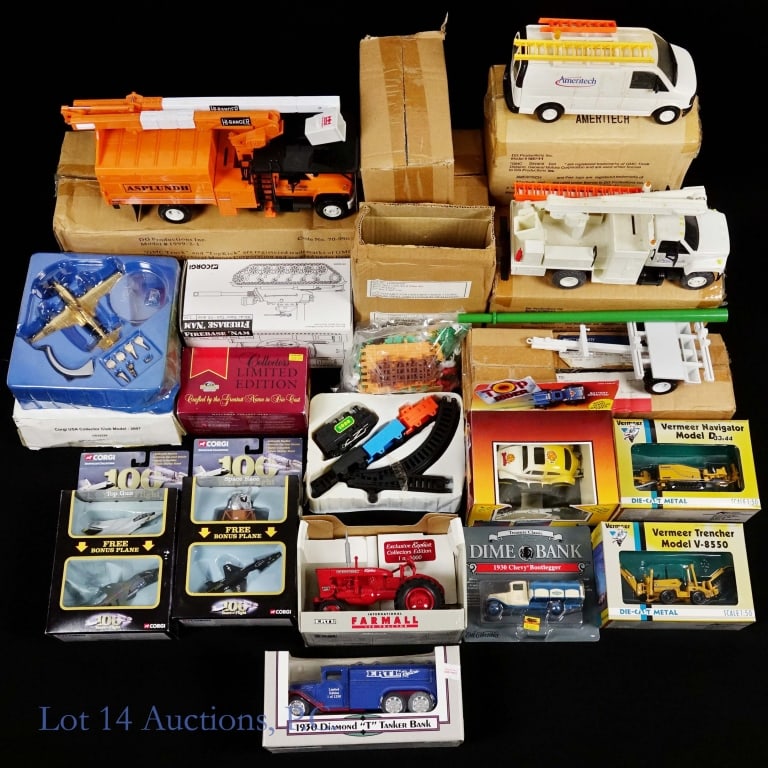 DG Productions, Ertl, Corgi, Vermeer Die Cast (12): DG Productions, Ertl, Corgi, Vermeer Die Cast (12). Collection of die cast vehicles from respected manufacturers. All items in original packaging. Some dirt, debris, shelf wear apparent. See photos fo