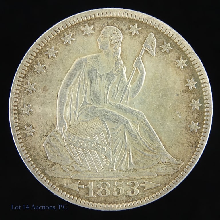 1853 Silver Seated Liberty 50c Arrows & Rays -XF: 1853 USA silver seated liberty half dollar (Philadelphia Mint), variety 3 arrows & rays. Designer is Christian Gobrecht. Per consigner, grades XF and a high grade example of tough earlier dated seated