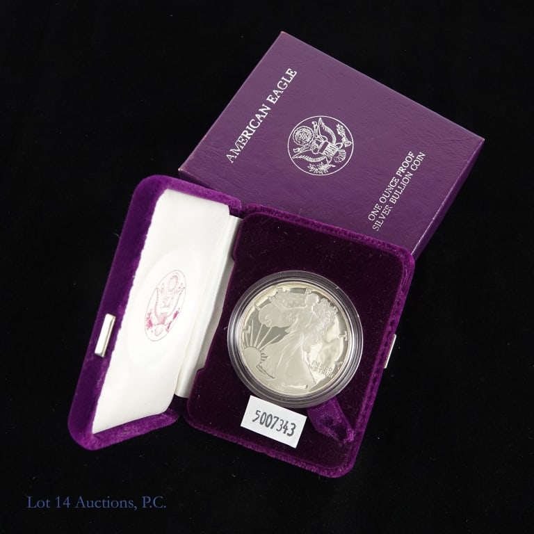 1986-S American Silver Eagle Proof $1 (in OGP): 1986-S proof American silver eagle dollar bullion coin (San Francisco Mint) in OGP. Obverse designer is Adolph A Weinman. Reverse designer is John Mercanti. Metal is 99.9% silver, weighs 31.103 grams