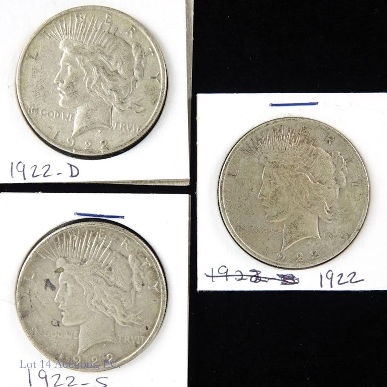 1922 P,D,S USA 90%-Silver Peace Dollars (3): Three (3) silver peace dollars (Philadelphia, Denver, San Francisco Mints). Designer is Anthony de Francisci. Metal is 90% silver, weighs 26.73 grams and measures 38.1 mm each coin. Dates and mintages