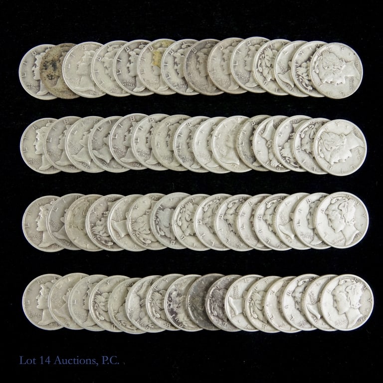 USA 90%-Silver Mercury Dimes (60): Sixty (60) silver mercury dimes. Designer Adolph A. Weinman. Metal is 90% silver and weighs 2.5 grams each coin. Per consigner, nice variety of dates and many in higher grades. *** Lot 14 Auctions is 