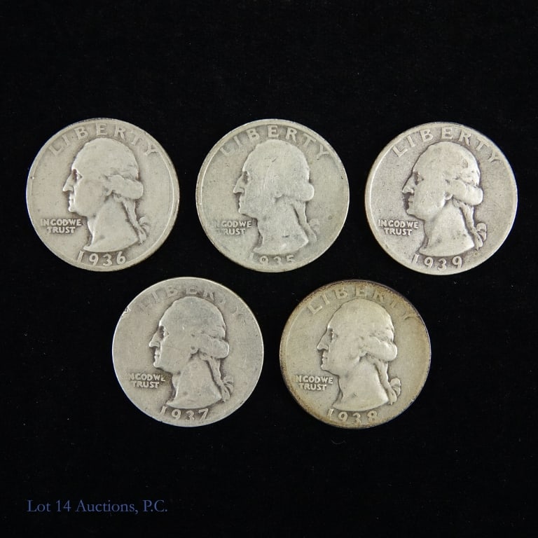 1935 - 1939 USA 90%-Silver Washington Quarters (5): Five (5) better silver Washington quarters (Denver, San Francisco Mints). Designer is John Flanagan. Per consigner, grades range good or better. Metal is 90%-silver, weighs 6.25 grams each coin and me