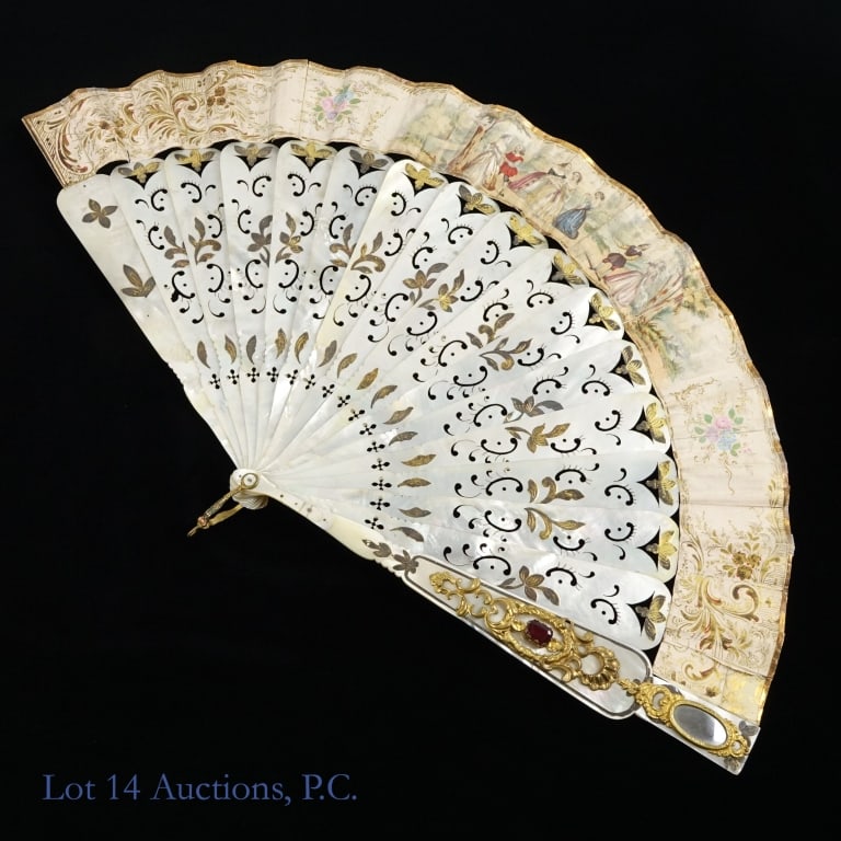 19th C. Mother of Pearl Hand Fan, Hand Painted: 19th Century hand-painted mother of pearl, gilt brass and faux gem decorated hand fan. Repaired with museum tape. Fragile, AS IS. Depicts boats on a river on one side and a pastoral / courting scene o