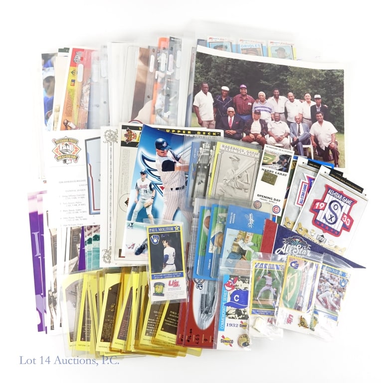 Assorted Sports Cards Tickets & Programs: Wow, a box full of baseball cards, programs, game tickets, and Hall of Fame plaques. Let's start with 23 baseball Hall of Fame postcards. Now lets add a Joe Morgan JD McCarthy postcard as well as a fe