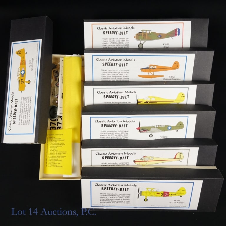 Speedee - Bilt Plane Model Kits (7): 7 plane model kits made by Speedee - Bilt. 1 - Kit G20: SNJ - 5 Texan. 2 - Kit G5: PT - 17 Kaydet. 3 - Kit G7: Cessna Seaplane. 4 - Kit G8: Spad. 5 - Kit G3: Monocoupe with a 17 5/8" wingspan. 6 - Kit