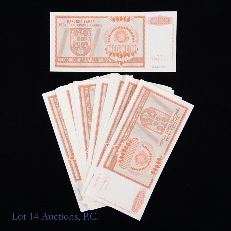 1993 Serbian Krajina 1 Billion Dinara Notes (38): Thirty-eight (38)1993 Republic of Serbian Krajina (Croatia) 1 billion dinara national banknotes with consecutive serial numbers (s/n range from A-0641258 to A-0641295). A self proclaimed Serb proto-st