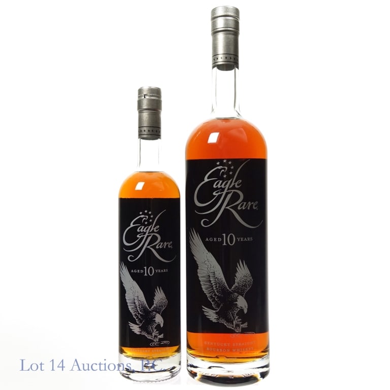 Eagle Rare 10 Year Bourbon (2, 750 ml & 1.75 L): 2 bottles total in this lot. 1-Eagle Rare 10 Year Bourbon (2025), 90 Proof, 750 ml. 2-Eagle Rare 10 Year Bourbon (2024), 90 Proof, 1.75 Liters.