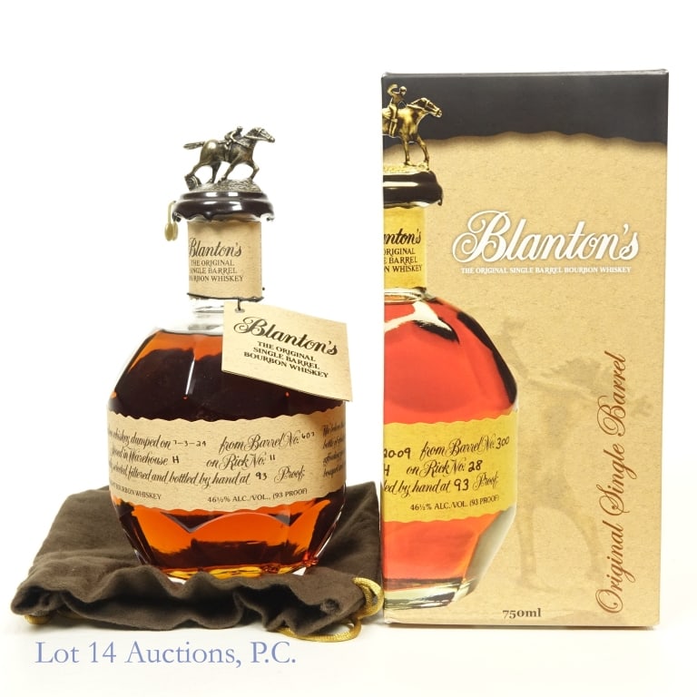 Blanton's Single Barrel Bourbon "T": Blanton's Single Barrel Bourbon, 93 Proof, 750 ml, Letter T, Dump Date: 07-03-24, Barrel #607, Bottle #129, Box and bag included.