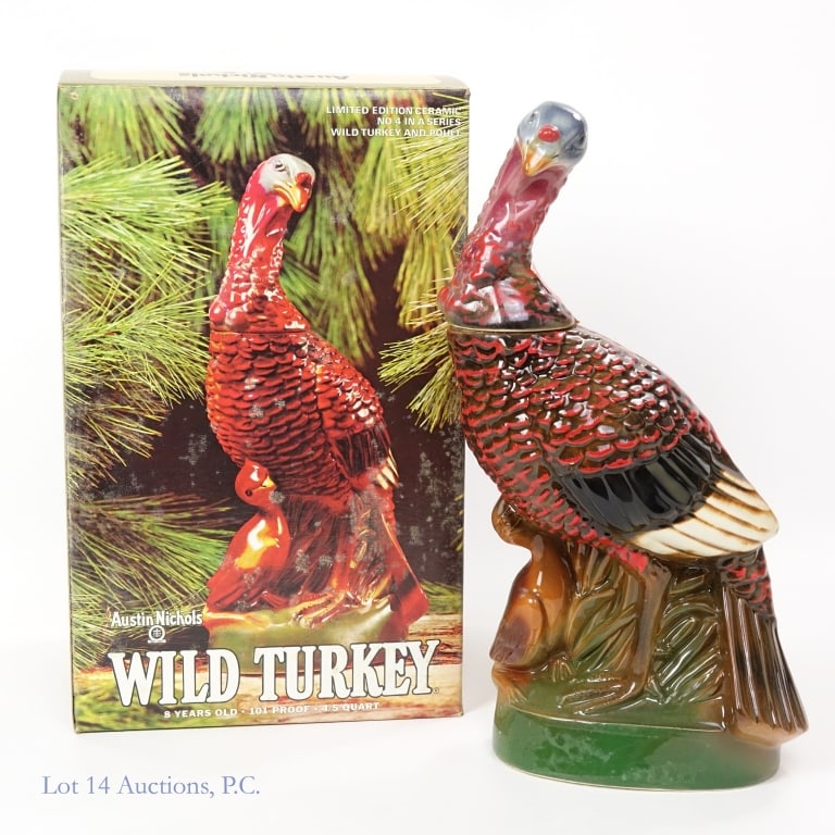 1970s Wild Turkey 8 Year Bourbon Ceramic Decanter*: Wild Turkey 8 Year Austin Nichols Limited Edition Bourbon Ceramic Decanter, 101 Proof, 4/5 Quart, early 1960s-late 1970s tax strip, estimated to have been bottled in 1974. Limited Edition No. 4, Bottl