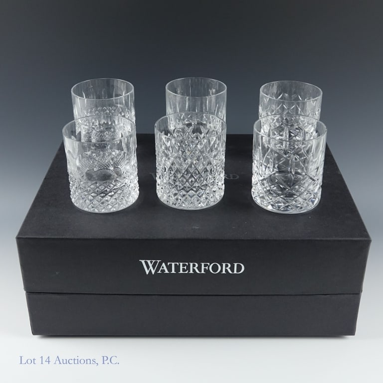 Waterford Lismore Crystal Whiskey Glass Set (6): 6 crystal glasses from the Waterford Lismore Connoisseur Whiskey Series. Each has its own unique design, each glass is approximately 4.25" tall with a soft thin rim with a straight flat base. All glas