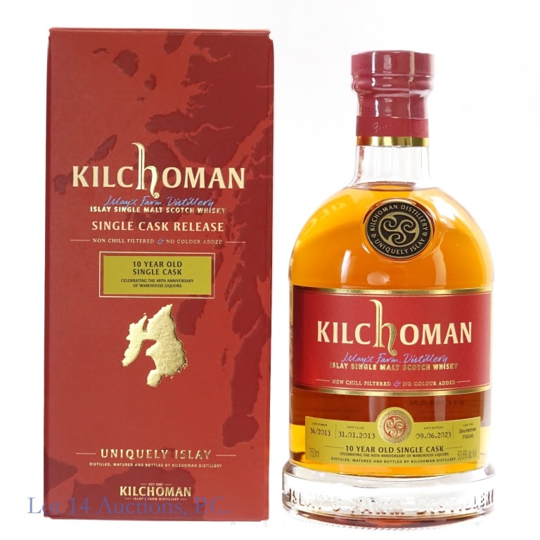 Kilchoman 10 Year Sauternes Cask SM Scotch (2023): Kilchoman 10 Year Single Cask Single Malt Scotch (2023), 107.2 Proof, 750 ml, Cask #36/2013, Cask Type: Sauternes Finish, celebrating the 40th Anniversary of Warehouse Liquors. Fill Date: 01-31-13, Bo