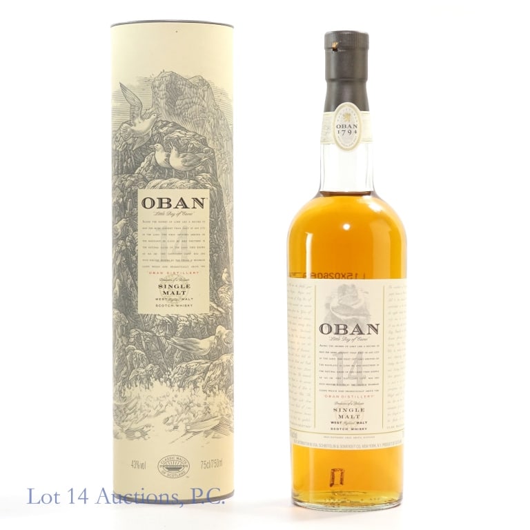 Oban 14 Year Single Malt Scotch: Oban 14 Year Single Malt Scotch, 86 Proof, 750 ml, Cylinder tube included.