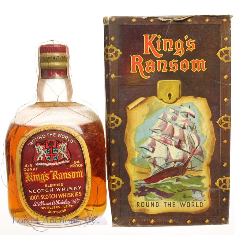 1940s/1960 King's Ransom Blended Scotch (4/5 Qt): King's Ransom Blended Scotch, 94 Proof, 4/5 Quart, early 1940s-1960 bottling. Tax strip in good condition with little to no tears. Fill approximately 0.5" below shoulder. Please see photos for additio