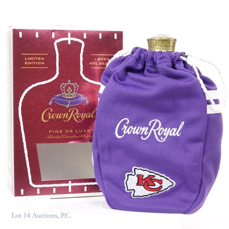 Crown Royal KC NFL Fine De Luxe Can Whisky (2024): Crown Royal Fine De Luxe Blended Canadian Whisky, 80 Proof, 750 ml, 2024 Kansas City NFL commemorative bottle, Original box and bag included.