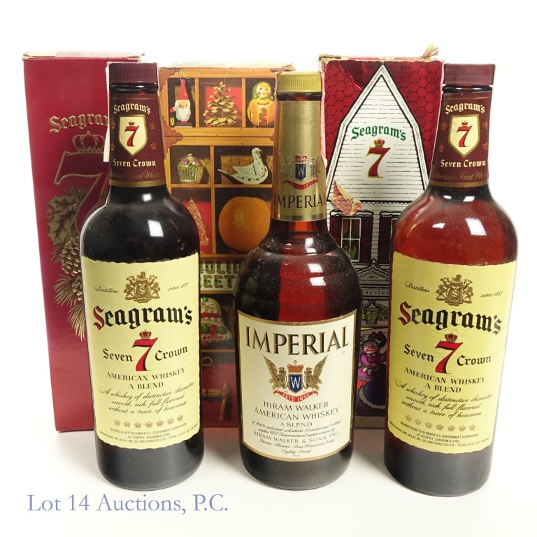 Seagram's 7 Crown & Imperial American Whiskey (3): 3 bottles total in this lot. 1-Imperial Blended American Whiskey, 80 Proof, 750 ml, early 1960s-late 1970s bottling. Tax strip in fair condition with minor tears and peeling overall. Original box incl